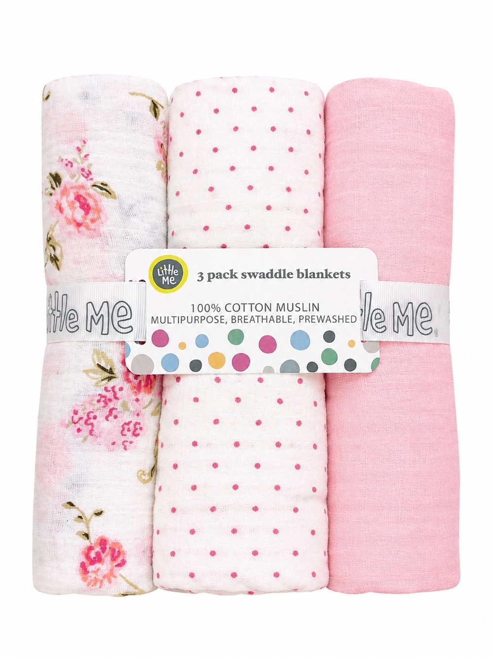 Little Me Vintage Rose Muslin Swaddle Blankets 3 Pack Pink Baby 40x36